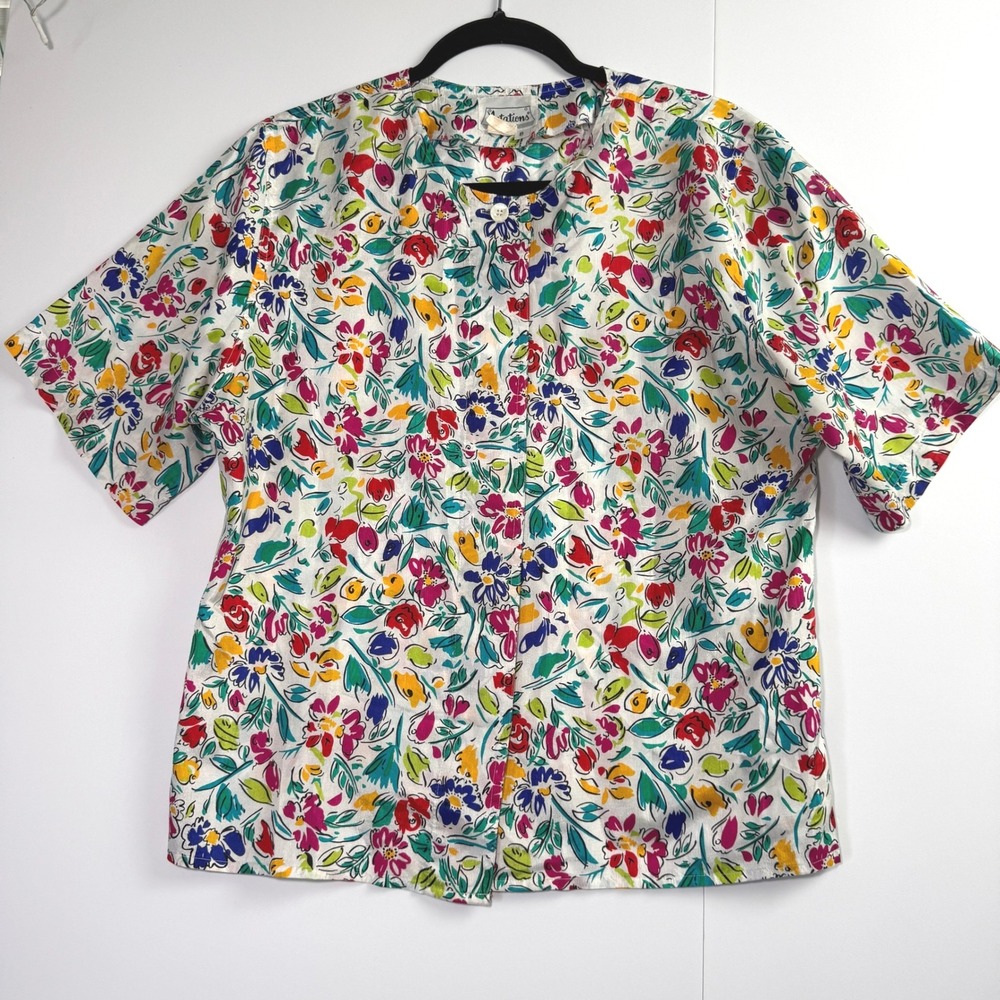 Notations Vintage Floral Button Up Blouse Multi Color Short Sleeve Top Size 8